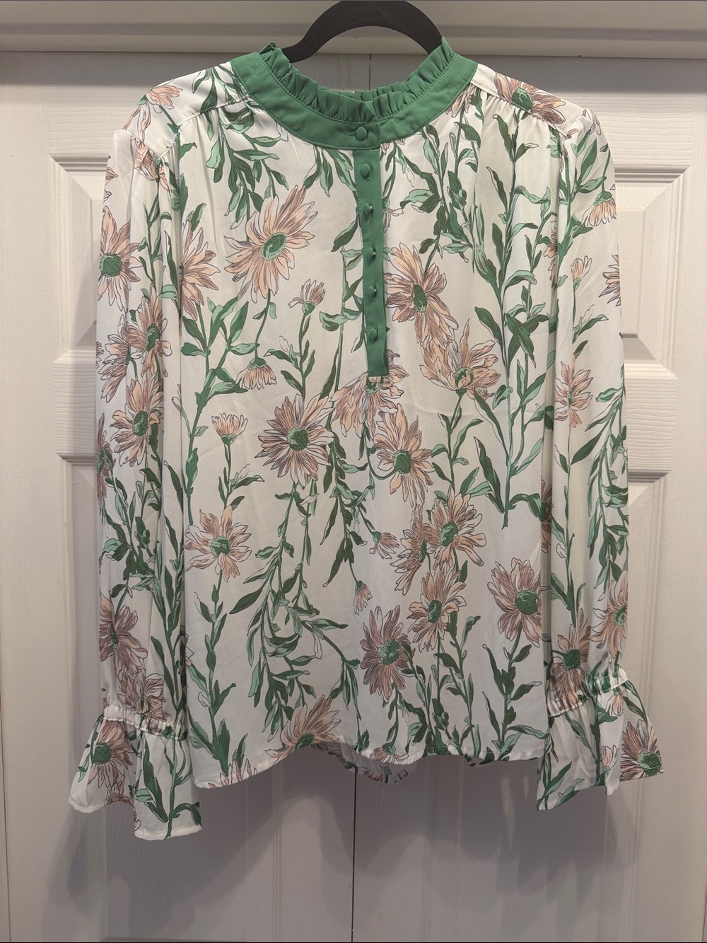 Gemma + Jane Green & Cream Floral Ruffle-Neck Blouse Size L